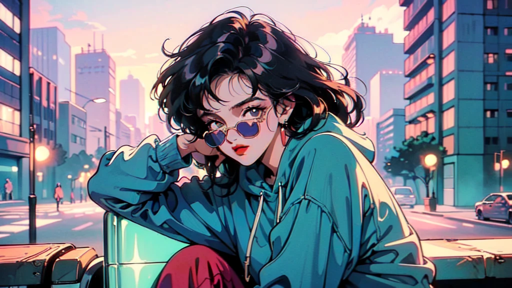 (80's, Retro, City Pop:1.5), (Album cover), (masterpiece, Highest quality, Exquisite detail), (anime, figure), (pastel colour:1.3), Best Photo Poses, Dynamic Angle,girl, alone, cool, Delicate face, Wearing sunglasses, Cityscape, City of night, Street fashion, Wearing a hoodie, Wearing a cap