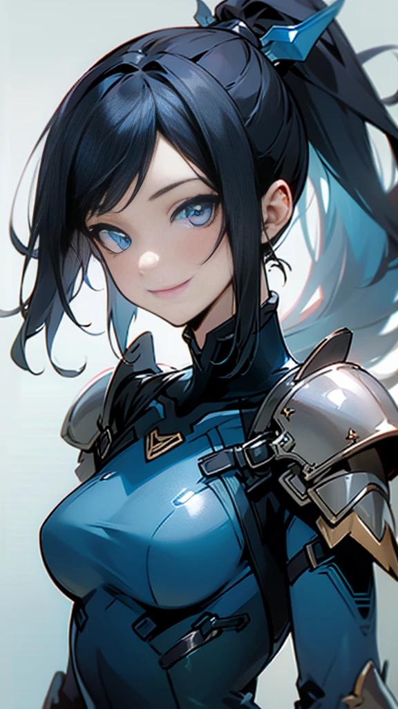 One girl、alone、Sparkling Blue Eyes、Black Hair、ponytail、armor、Blue bodysuit、Upper body close-up、Wicked Smile