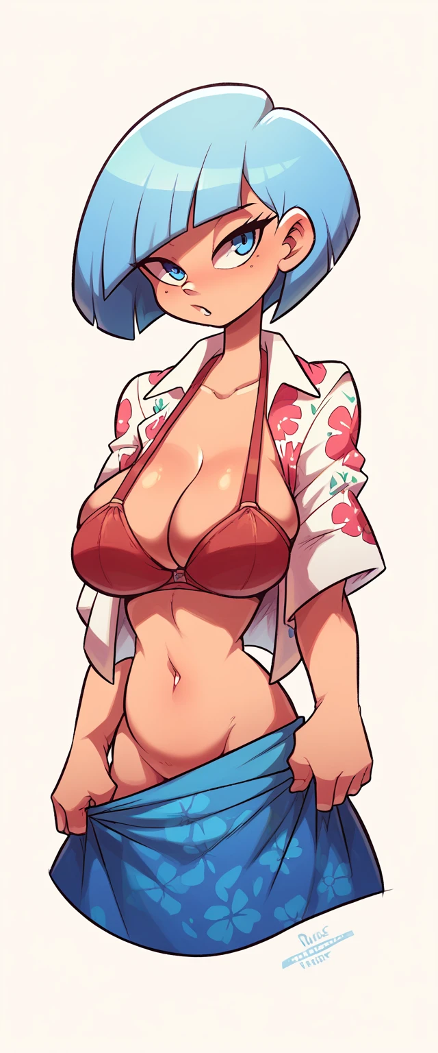 A sexy Hawaiian girl, beautiful, big breast, beautiful, attractive, bright light blue hair, round cut, her blue eye, she wears a white shirt, a hook, a hook, a shirt, pulling on a red white bra, showing her navel and a long blue skirt.