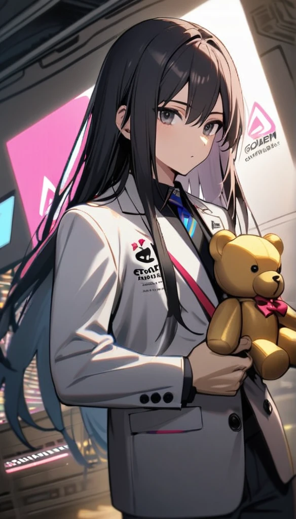 1boy , one side blue one side black eyes ,black and pink long straight hair,,white blazer with logo,one black teddy bear, one golden teddy bear 
