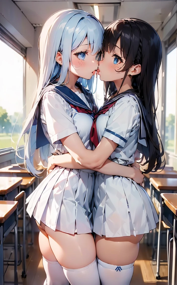 (Cute eyes:1.2), (classroom:1.2),(Beautiful Eyes:1.2), Highest quality,wonderful,finely,Highly detailed CG Unity 8K wallpapers, (Hug from behind:1.3),(kiss:1.3),(Two people with height difference:1.5), (Two Girls, Sailor suit, Skinny body, Dressed), (Huge breasts), (Open your mouth:1.1),(White knee socks:1.3),(Thighs:1.3),(Waistline:1.2),(お揃いのSailor suit:1.2),(From behind:1.2),(Beautiful Eyes:1.2),(Different hairstyles),(Their eyes are different colors:1.5),(Their skin colours are different:1.5),(Don&#39;t cross your arms:1.2),(Face close-up:1.6),(Licking the face:1.5),(Lifting the opponent&#39;s skirt:1.3)