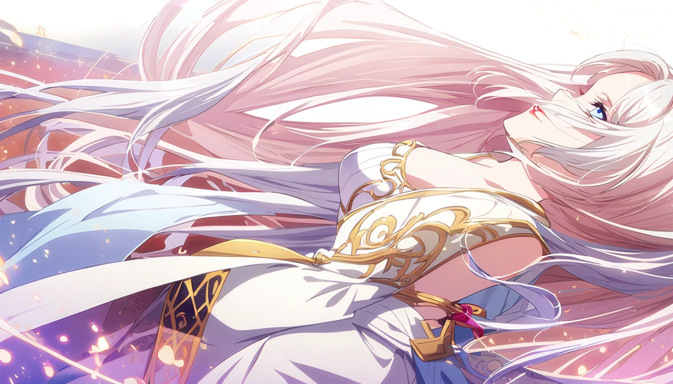 ((21 year old anime women, )), anime women with long white hair, side bangs and blue colour eyes, white eyelashes, perfect white haired girl, white haired lady, white haired, delicate androgynous prince, anime key visual of elegant, white haired deity, with long white hair, anime character, anime Waifu with white long hair, red colour lipstick, slight smile, make up, ((very high quality photo)) 