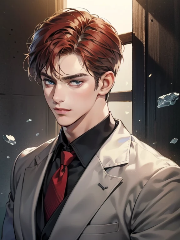 masterpiece, best quality, realistic, 1man, mature male, quiet and charming  man, 25 year old, serious look, closed mouth, portrait, extremely detailed face, cold smile in love, ((dark grey blue eyes)), ((short-right-swept dark Red hair)), [thick eyebrows], ((suit)), handsome, full body, western, Jewish, light brown skin,