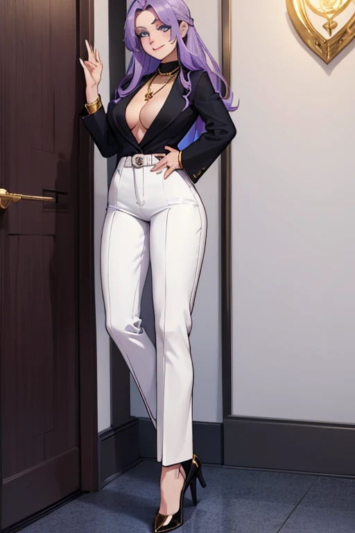 female, pale purple long hair, blue eyes, (((1girl))), (((black blazer))), (white turtleneck shirt), (tan pants), (black heels), (necklace with gold pendant), cute and sexy, full body, big breasts, long legs, smiling