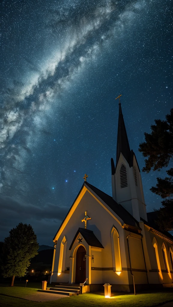 landscape　night　rainbow　star　church