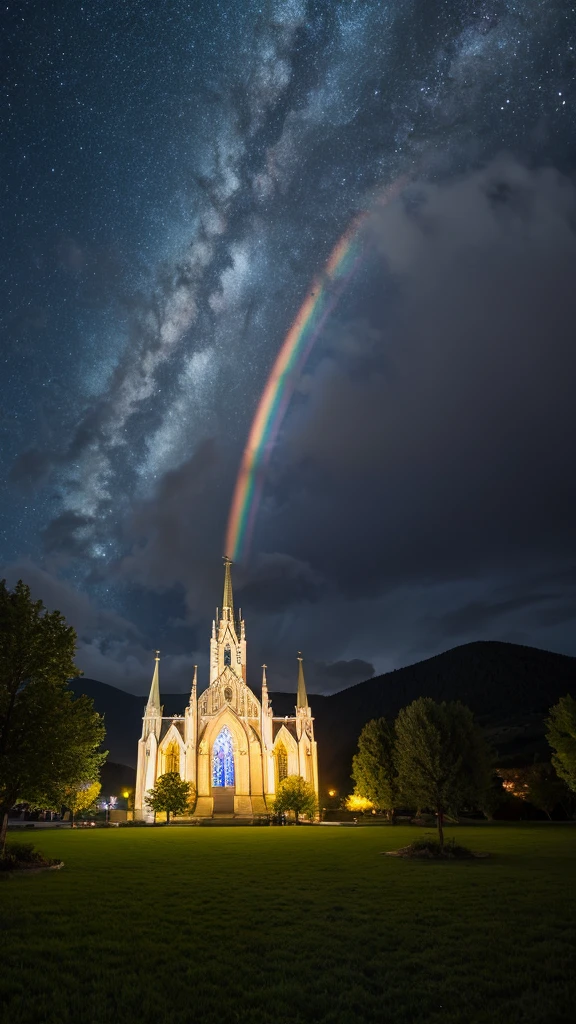 landscape night rainbow star church