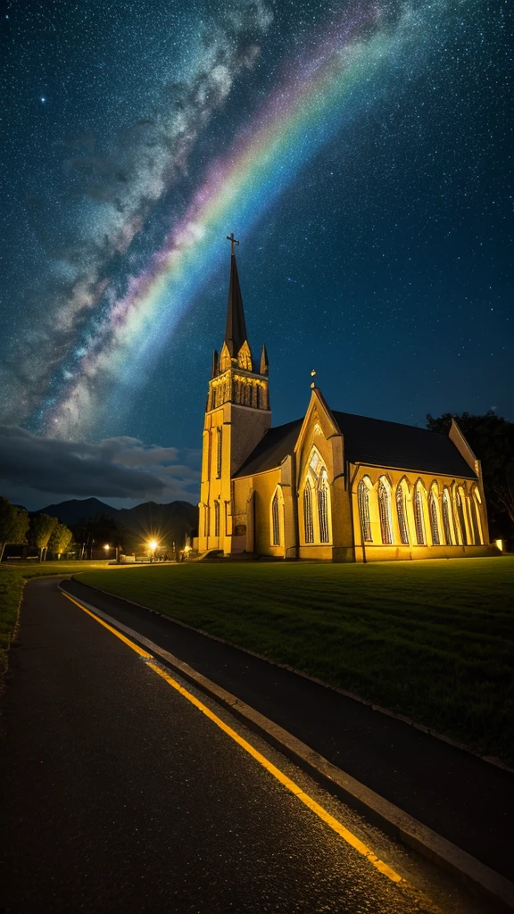 landscape night rainbow star church