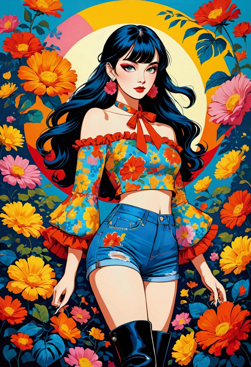 Featuring a dynamic and confident woman，She wears bold makeup，Wear colorful T-shirts, Bare shoulders, Leopard_Ruffled sleeves, neck ribbon，珠宝earrings, Long hair, Looking at the audience, Bangs, earrings, Low rise denim shorts, Over the knee boots,Surrounded by vintage flower motifs, Vibrant brushstrokes,Emotions should be active, Fluorescent illumination, Digital artwork in pop art style, 