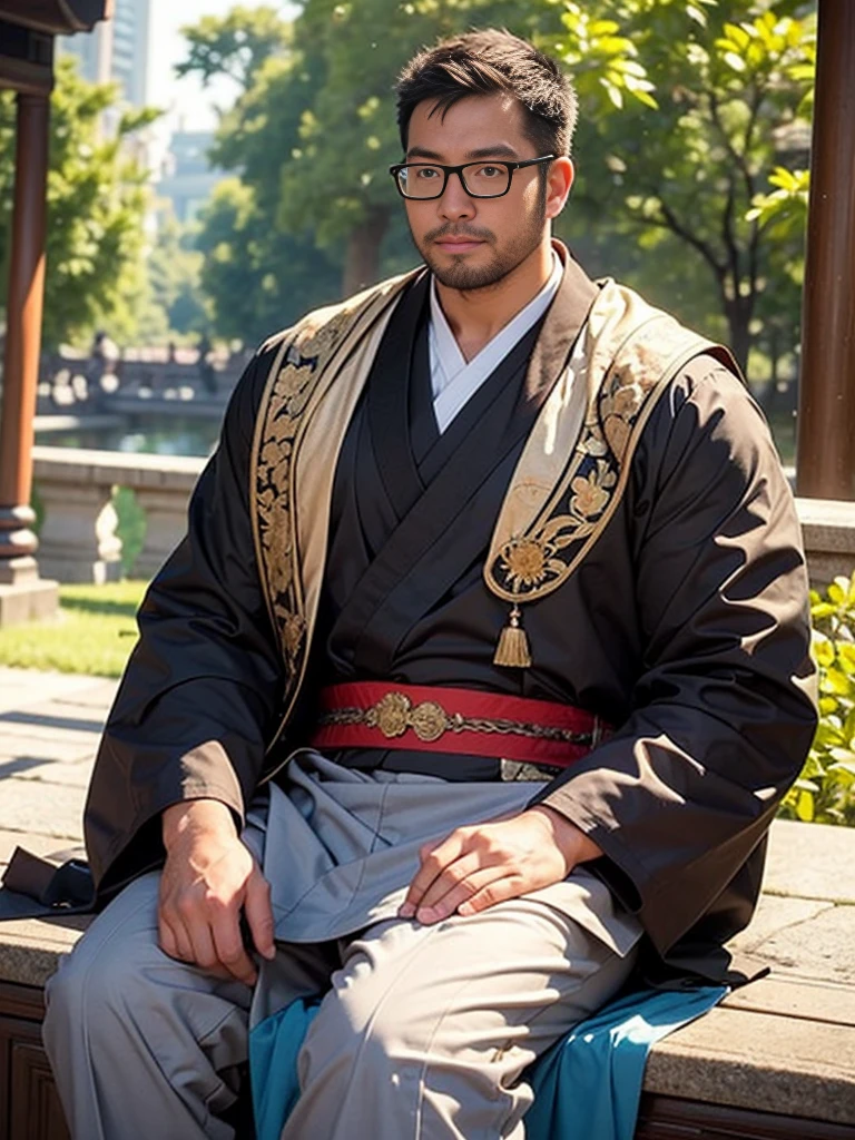 crew cut, (((full body))), (((landscape))), mature man, [slightly fat], asian man, rounded face, brown eyes, ((rounded face)), glasses, balding, 1boy, Solo, (big shoulders), (((stubbles, Short beard))), best quality，masterpiece，（painting：1.5），An ancient man from the Ming Dynasty of China，man wearing blue hanfu，fierce eyes，strangle to death violently，Staring at middle-aged men，ASİAN，general，sharp eyes eyes and，husband wearing blue clothes，wearing a hat，sit on bench, Inspired by Shin Saimdang, traditional clothing, traditional clothing, Hanbok, noble clothing, korean Hanbok, aristocratic appearance, Korean male, Wear period-appropriate clothing, classical robe, precise, Wearing noble robes, Wearing ancient Chinese clothing，Dark brown wide-sleeved Hanfu，firm eyes，fierce，Handsome man，young man，（a detailed painting：0.353），（Renaissance classical painting style：0.8）