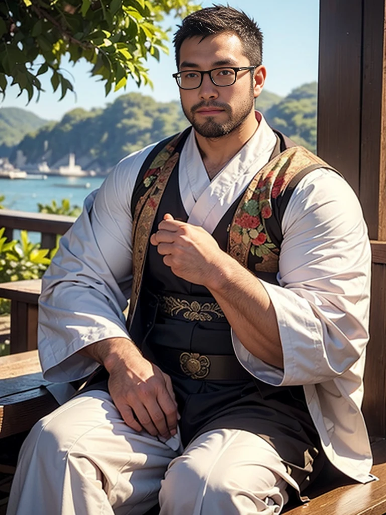 crew cut, (((full body))), (((landscape))), mature man, [slightly fat], asian man, rounded face, brown eyes, ((rounded face)), glasses, balding, 1boy, Solo, (big shoulders), (((stubbles, Short beard))), best quality，masterpiece，（painting：1.5），An ancient man from the Ming Dynasty of China，man wearing blue hanfu，fierce eyes，strangle to death violently，Staring at middle-aged men，ASİAN，general，sharp eyes eyes and，husband wearing blue clothes，wearing a hat，sit on bench, Inspired by Shin Saimdang, traditional clothing, traditional clothing, Hanbok, noble clothing, korean Hanbok, aristocratic appearance, Korean male, Wear period-appropriate clothing, classical robe, precise, Wearing noble robes, Wearing ancient Chinese clothing，Dark brown wide-sleeved Hanfu，firm eyes，fierce，Handsome man，young man，（a detailed painting：0.353），（Renaissance classical painting style：0.8）