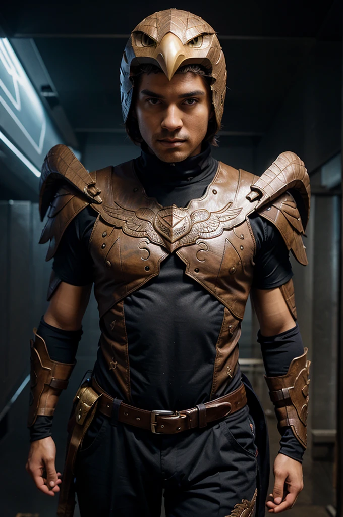 Hero costume with futuristic carved eagle on the chest