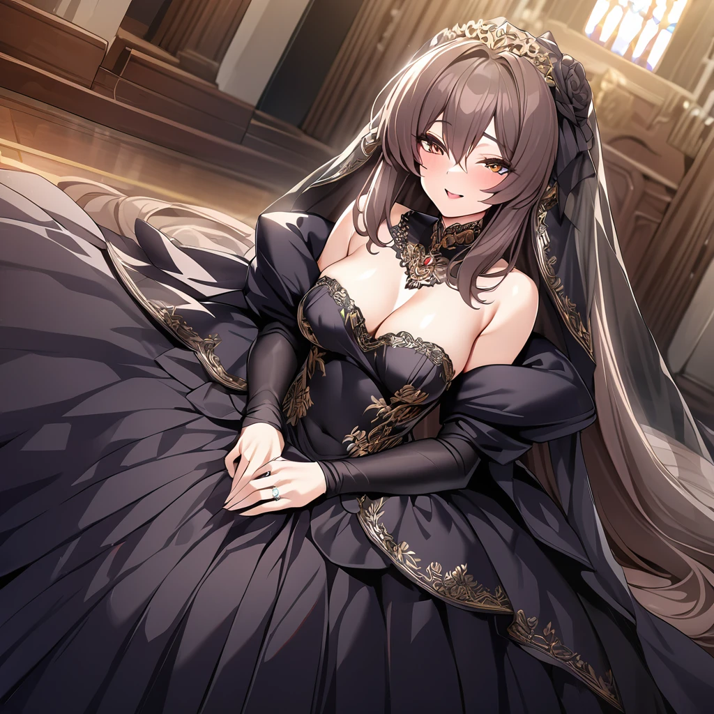 ((Highest quality)), ((masterpiece)), (detailed), （Perfect Face）、The woman is an Extia with medium-long brown hair, wearing a gorgeous black wedding dress with gold embroidery and trim, a black wedding veil, and an engagement ring.、The woman is happily getting married in a posh church belonging to an evil organization.