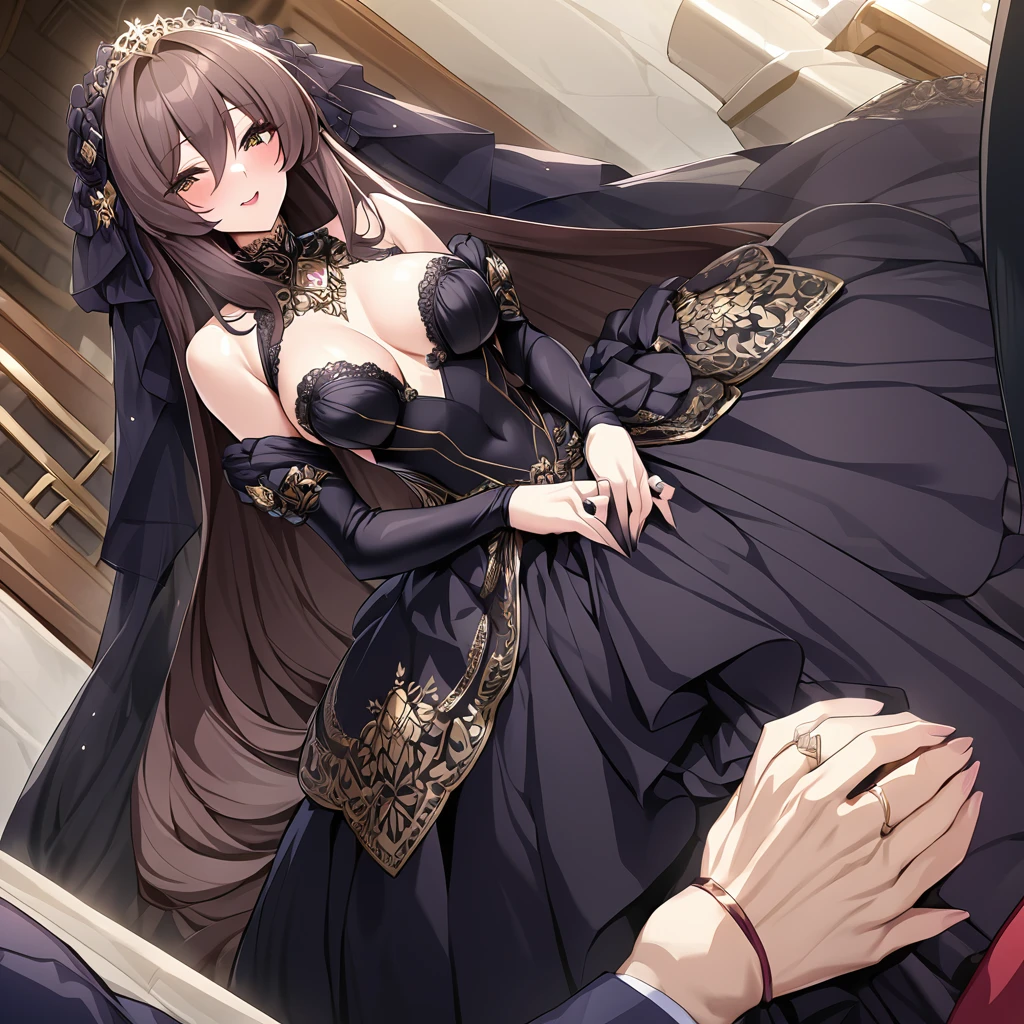 ((Highest quality)), ((masterpiece)), (detailed), （Perfect Face）、The woman is an Extia with medium-long brown hair, wearing a gorgeous black wedding dress with gold embroidery and trim, a black wedding veil, and an engagement ring.、The woman is happily getting married in a posh church belonging to an evil organization.