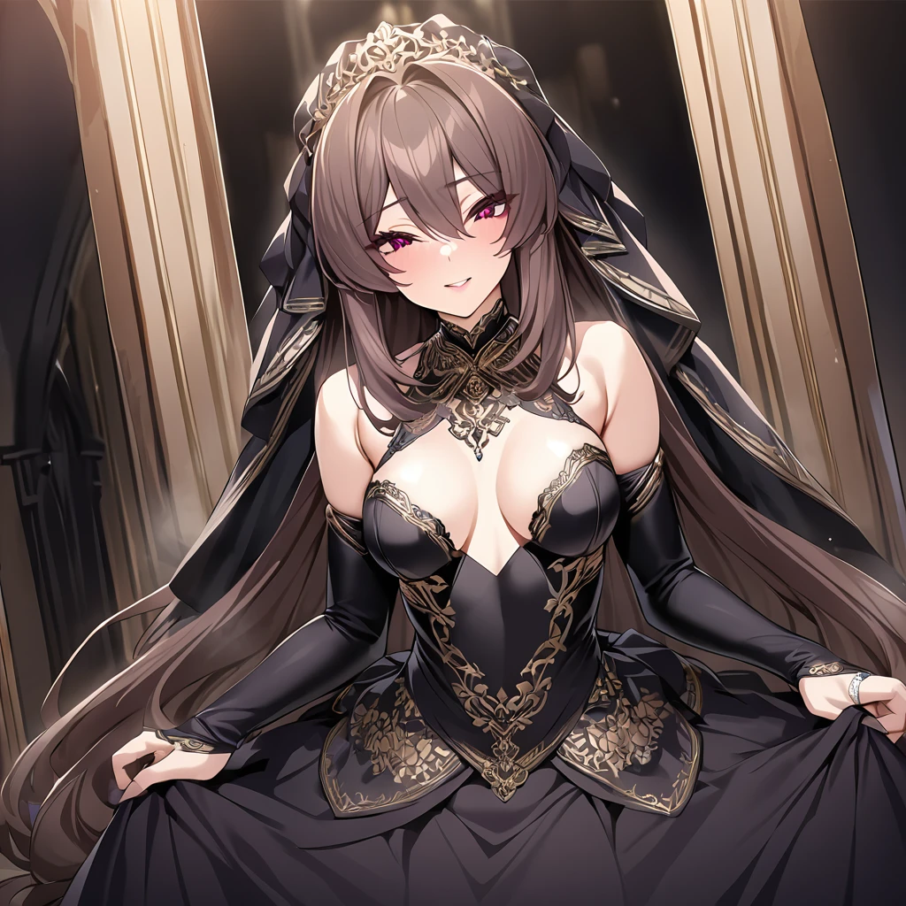 ((Highest quality)), ((masterpiece)), (detailed), (Perfect Face)、The woman is an Extia with medium-long brown hair, wearing a gorgeous black wedding dress with gold embroidery and trim, a black wedding veil, and an engagement ring.、The woman is happily getting married in a posh church belonging to an evil organization.