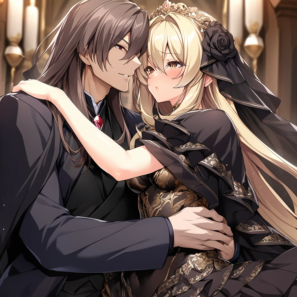 ((Highest quality)), ((masterpiece)), (detailed), (Perfect Face)、The woman is an Extia with medium-long brown hair, wearing a gorgeous black wedding dress with gold embroidery and trim, a black wedding veil, and an engagement ring.、The man is the evil leader, Naioro, a handsome man with medium-long blonde hair and a black bodysuit.、In a luxurious church belonging to an evil organization, the brunette woman, Exutia, and the handsome man, Naioro, with his medium-length blonde hair, embrace each other happily, kiss each other passionately, and are deeply in love as they hold their wedding ceremony.、A man and a woman are a deeply loving couple