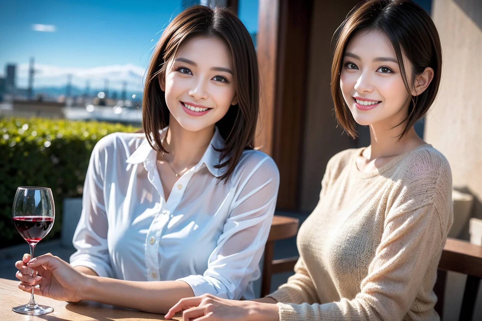 ((Highest quality、8k、masterpiece:1.3))、Shortcuts、cute、slimカップル、modelカップル、actress男優、(Realistic, Intricate details:1.2), full-course dinner、Wine Party、Amazing view of the sunset sky and clouds、A bright smile、short hair,Bright Face、 (Age 45), 42 years old, red wine 、Appetizers、Italian food、Wine bottle、Champagne、sparkling wine、Two beauties、Brown Hair、Shortcuts、Long sleeve shirt、dress、Beautiful woman 1, (slimな顔), (The body is slim), (Brown Hair), (Shortcuts), cheeks turn a little red,Attractive beauty、restaurant, In a prominent place (From the waist up) Nova Frog Style, actress, model, Upper Body, White wine, slim, wine glass, 中央に置かれたwine glass, smile, (smile: 1.15), Beautiful fine grain, Depth f/2,saturation, High Contrast, Strong light and shadow,Moist Body:1.5、3D texture、Delicate eyes、Brown Hair、The hair is very shiny、