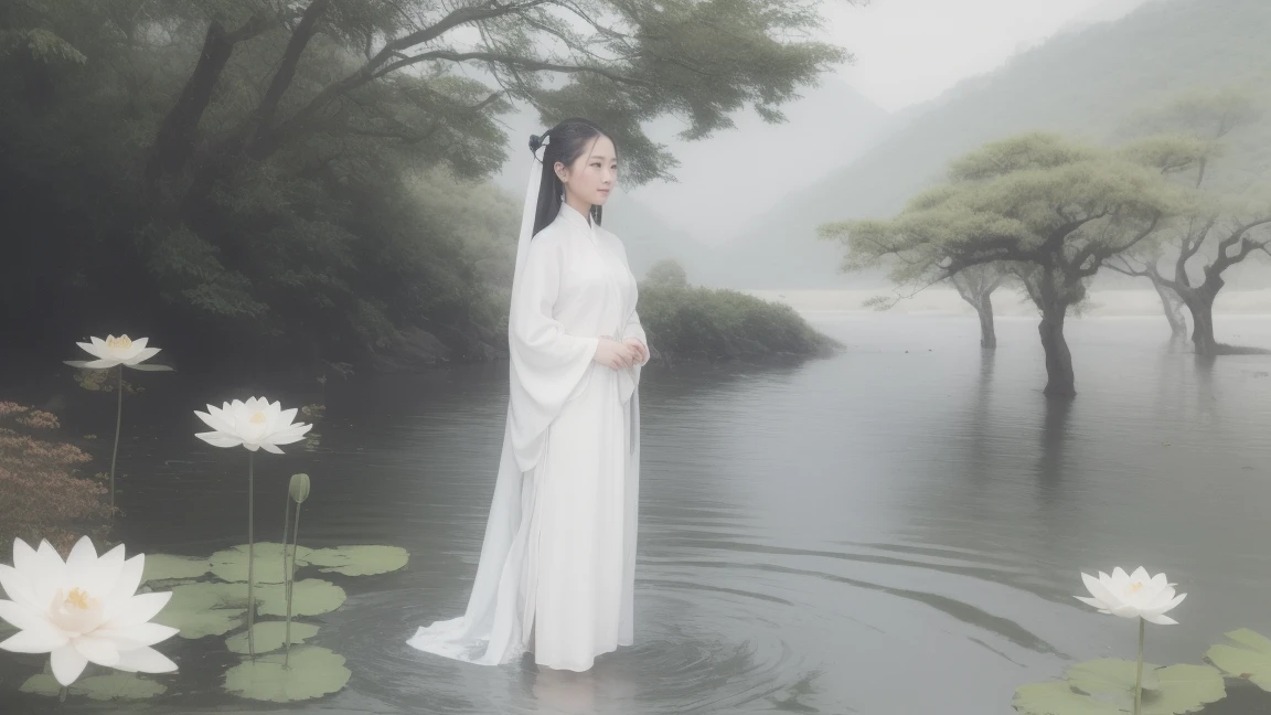 ((4K,masterpiece,Highest quality)), Shui Movissim, Traditional Chinese Ink Painting, Lotus, Hanfu, Maxi Kit, A girl dressed modestly, alone, Long Blue Hair, smile, Are standing, Soak your feet in water, barefoot,