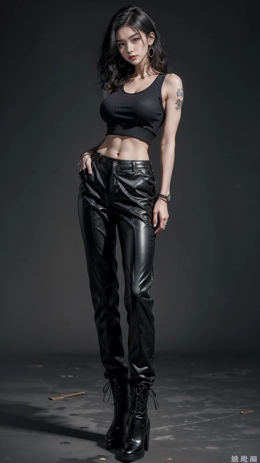 Highest quality、masterpiece、8k、Realistic、超High resolution、Very delicate and beautiful、High resolution、Muscle Girl、Gal、Perfect female body、Beautiful woman、Mature Woman、Short black hair、Curly Hair、blue eyes、Six Pack、One tattoo、Earrings、Toned body、Big Breasts、Black military uniform、Tank top、I can see your belly、Black trousers、boots、cigarette、Sexy pose、Full body emphasis、Simple Background