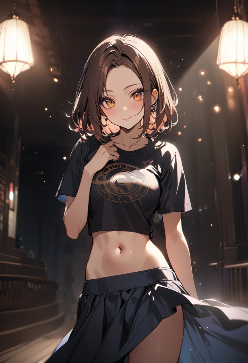 1 girl, bob, center part, forehead, brown hair, piercing, brown eyes, model posing, smile,
BREAK (masterpiece), (high resolution 8K), cinematic lighting, professional lighting, detailed eyes and face, detailed body,
BREAK crop top tee, navel, maxi skirt, cowboy shot
