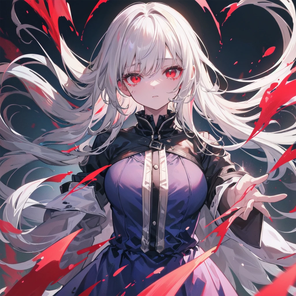 A once-in-a-millennium masterpiece, A photo that can never be taken again, Absurd high resolution, (Expressionless), (Red tears flow from the eyes:1.2), vampire, woman, Silver Hair, Red eyes, Big eyes that draw you in, White clothes, Red dyed clothes,There are red spots all over, Red from the mouth,Cowboy Shot