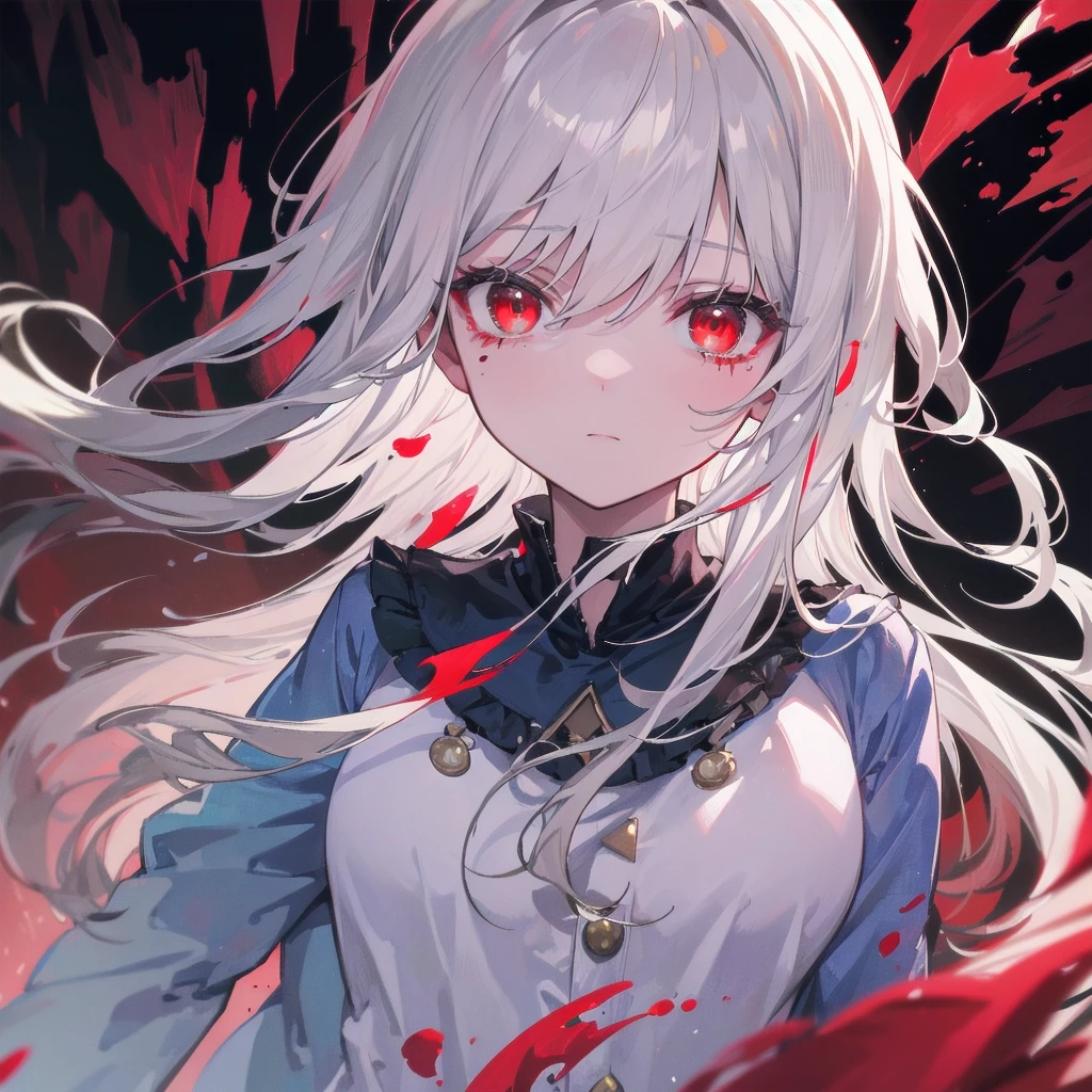 A once-in-a-millennium masterpiece, A photo that can never be taken again, Absurd high resolution, (Expressionless), (Red tears flow from the eyes:1.2), vampire, woman, Silver Hair, Red eyes, Big eyes that draw you in, White clothes, Red dyed clothes,There are red spots all over, Red from the mouth,Cowboy Shot