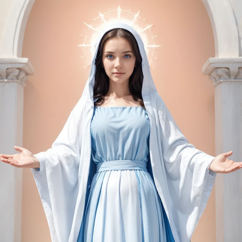 Beautiful woman with open arms, detailed light blue eyes, wearing a blue tunic with wide, long sleeves adjusted at the waist by an interlaced white sash