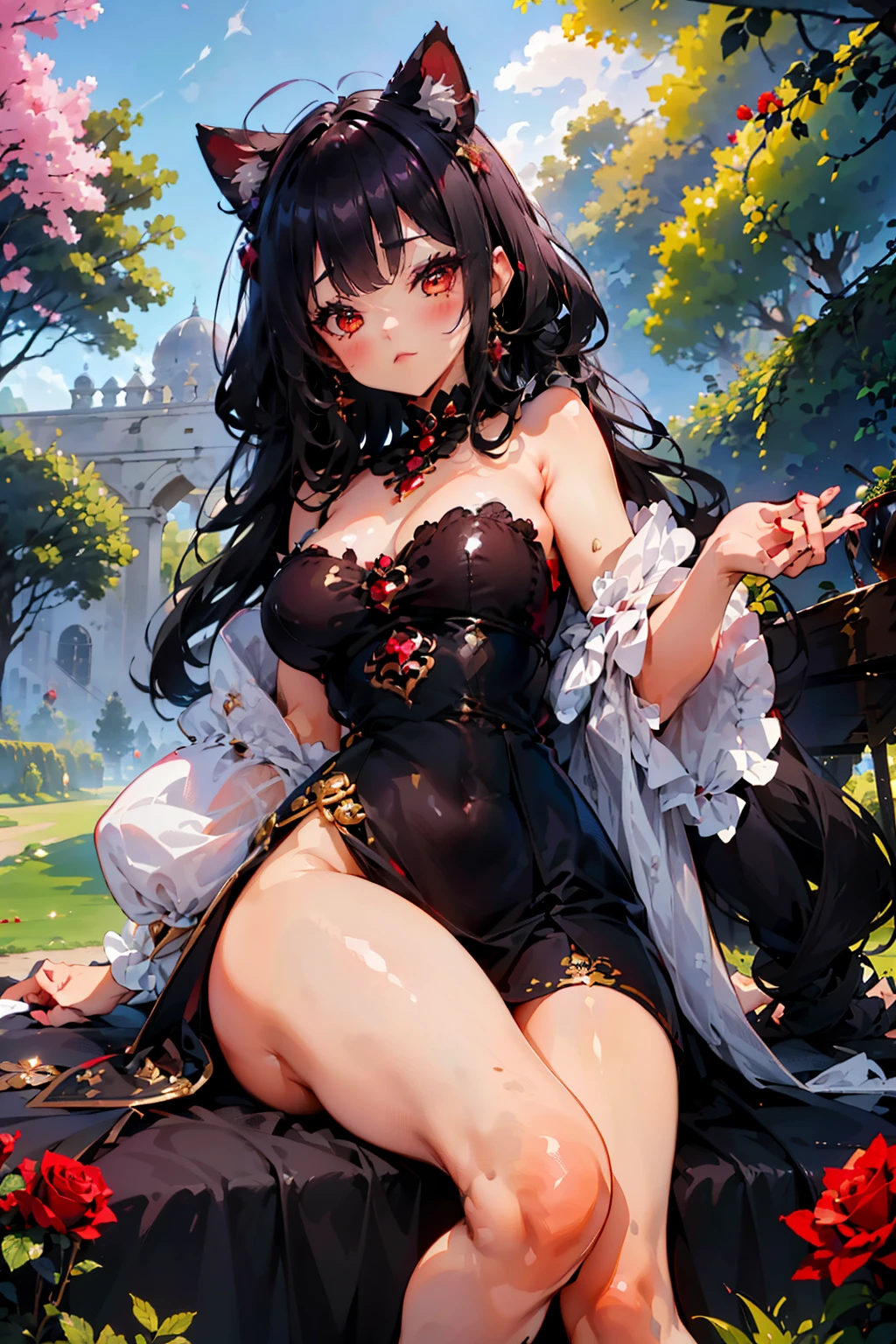 (junkotvv cabello negro con orejas de gato y ojos rojos), The most beautiful rose bush imaginable and an incredibly elegant young woman, magnificently coiffed, spectacularly made up and wearing a dazzlingly fabulous dress. In a dreamlike garden on a magical evening. (obra maestra) (mejor calidad)