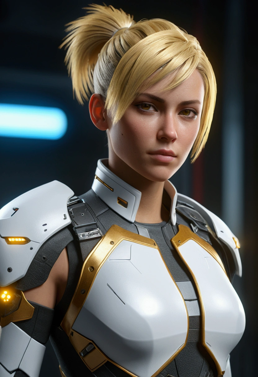 ((Best quality)), ((masterpiece)), (detailed:1.4), 3D, an image of a beautiful cyberpunk female,HDR (High Dynamic Range),Ray Tracing,NVIDIA RTX,Super-Resolution,Unreal 5,Subsurface scattering,PBR Texturing,Post-processing,Anisotropic Filtering,Depth-of-field,Maximum clarity and sharpness,Multi-layered textures,Albedo and Specular maps,Surface shading,Accurate simulation of light-material interaction,Perfect proportions,Octane Render,Two-tone lighting,Wide aperture,Low ISO,White balance,Rule of thirds,8K RAW, short blonde hair (FAF0BE), ponytail, skin tone (f1c27d), holding knife, action pose, white and golden armour futuristic outfit