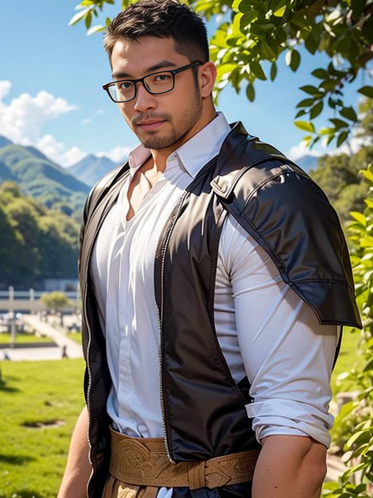 crew cut, (((full body))), (((landscape))),  man, [slightly fat], asian man, rounded face, brown eyes, ((rounded face)), glasses, balding, 1boy, Solo, (big shoulders), (((stubbles, Short beard))), handsome young man, serious expression, smart, black gloves,blue and white male hanfu, ancient china, flat background, chinese paper background, simple background, masterpiece,masterpiece,best quality