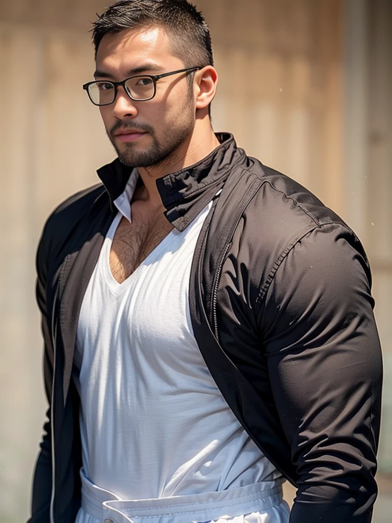 crew cut, (((full body))), (((landscape))), mature man, [slightly fat], asian man, rounded face, brown eyes, ((rounded face)), glasses, balding, 1boy, Solo, (big shoulders), (((stubbles, Short beard))), handsome young man, serious expression, smart, black gloves,blue and white male hanfu, ancient china, flat background, chinese paper background, simple background, masterpiece,masterpiece,best quality