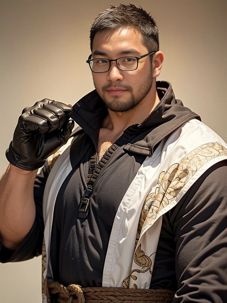crew cut, (((full body))), (((landscape))), mature man, [slightly fat], asian man, rounded face, brown eyes, ((rounded face)), glasses, balding, 1boy, Solo, (big shoulders), (((stubbles, Short beard))), handsome young man, serious expression, smart, black gloves,blue and white male hanfu, ancient china, flat background, chinese paper background, simple background, masterpiece,masterpiece,best quality