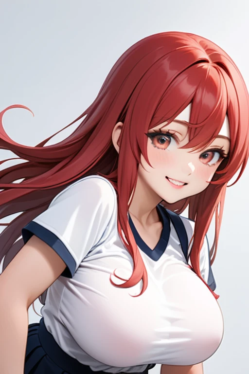 (high quality:1.1),pretty,1 high school student girl,red hair color,middle long hair style,smile,(large breasts:1.4),