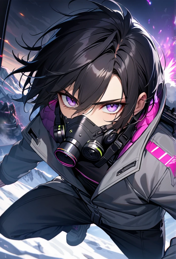 absurdres, highres, ultra detailed, HDR, master piece, best quality, extremely detailed face and eyes, black hair with short bangs, handsome,hair between the eyes, expressive purple eyes, solo, sexy man, handsome, 25
years old,gray coat, black pants, moon, Cyber Punk,gas mask,background snow mountain,Man shooting automatic rifle, (muzzle explodes:1.2), (looks into sight), finely drawn automatic rifle, (turn towards the viewer), syncs body orientation and gaze, dynamic angle, serious expression, battle