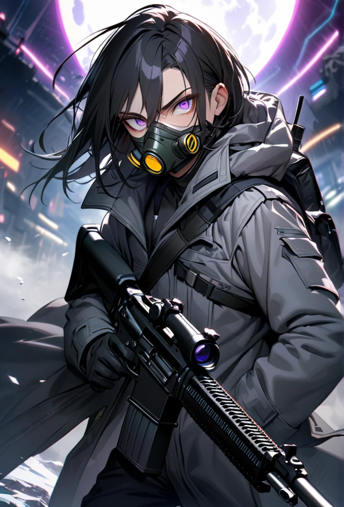 absurdres, highres, ultra detailed, HDR, master piece, best quality, extremely detailed face and eyes, black hair with short  bangs, handsome,hair between the eyes, expressive purple eyes, solo, sexy man, handsome, 25
years old,gray coat, black pants, moon, Cyber Punk,gas mask,background snow mountain,Man shooting automatic rifle, (muzzle explodes:1.2), (looks into sight), finely drawn automatic rifle, (turn towards the viewer), syncs body orientation and gaze, dynamic angle, serious expression, battle