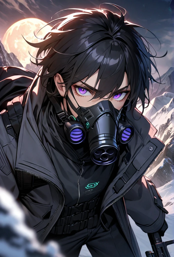 absurdres, highres, ultra detailed, HDR, master piece, best quality, extremely detailed face and eyes, black hair with short bangs, handsome,hair between the eyes, expressive purple eyes, solo, sexy man, handsome, 25
years old,gray coat, black pants, moon, Cyber Punk,gas mask,background snow mountain,Man shooting automatic rifle, (muzzle explodes:1.2), (looks into sight), finely drawn automatic rifle, (turn towards the viewer), syncs body orientation and gaze, dynamic angle, serious expression, battle