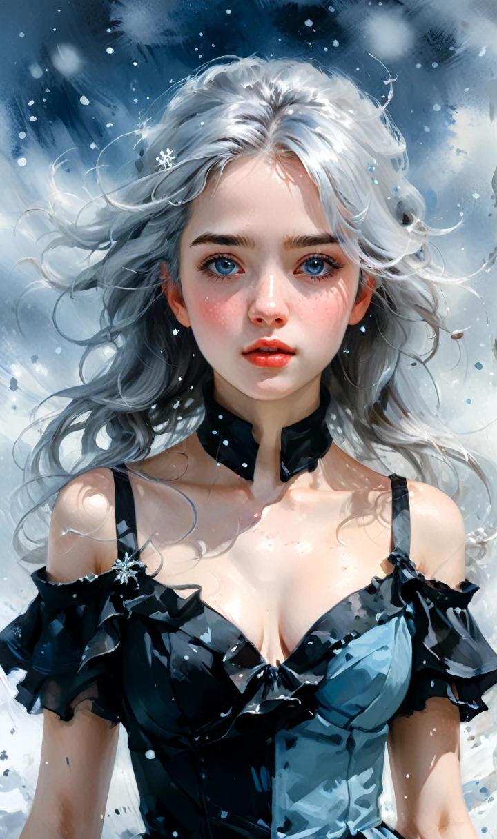 Girl portrait, a painting of a young woman with wild, silver-white hair that is being ruffled by the wind. The hair reaches to her breasts. She is wearing a simple black dress that is blowing in the winds.  The woman's eyes are also silvery and her skin is pale sickly blue. Her face has freckles in the shape of little blue snowflakes. She has several small cuts along her face and any skin that is showing. She is in frontal view, and holding a compact powder in both hands. With a blizzard coming out of the compact powder. Art by Albert Eckhout enchanting, full color. highly detailed beautiful face, , soul, digital illustration, approaching perfection, dynamic, highly detailed, watercolor painting, artstation, concept art, smooth, sharp focus, illustration in the style of artists like Russ Mills, Sakimichan, Wlop, Lois, Art Germ, Darek Zabrocki, and Jean-Baptiste Monge, ultra HD masterpiece, award winning work