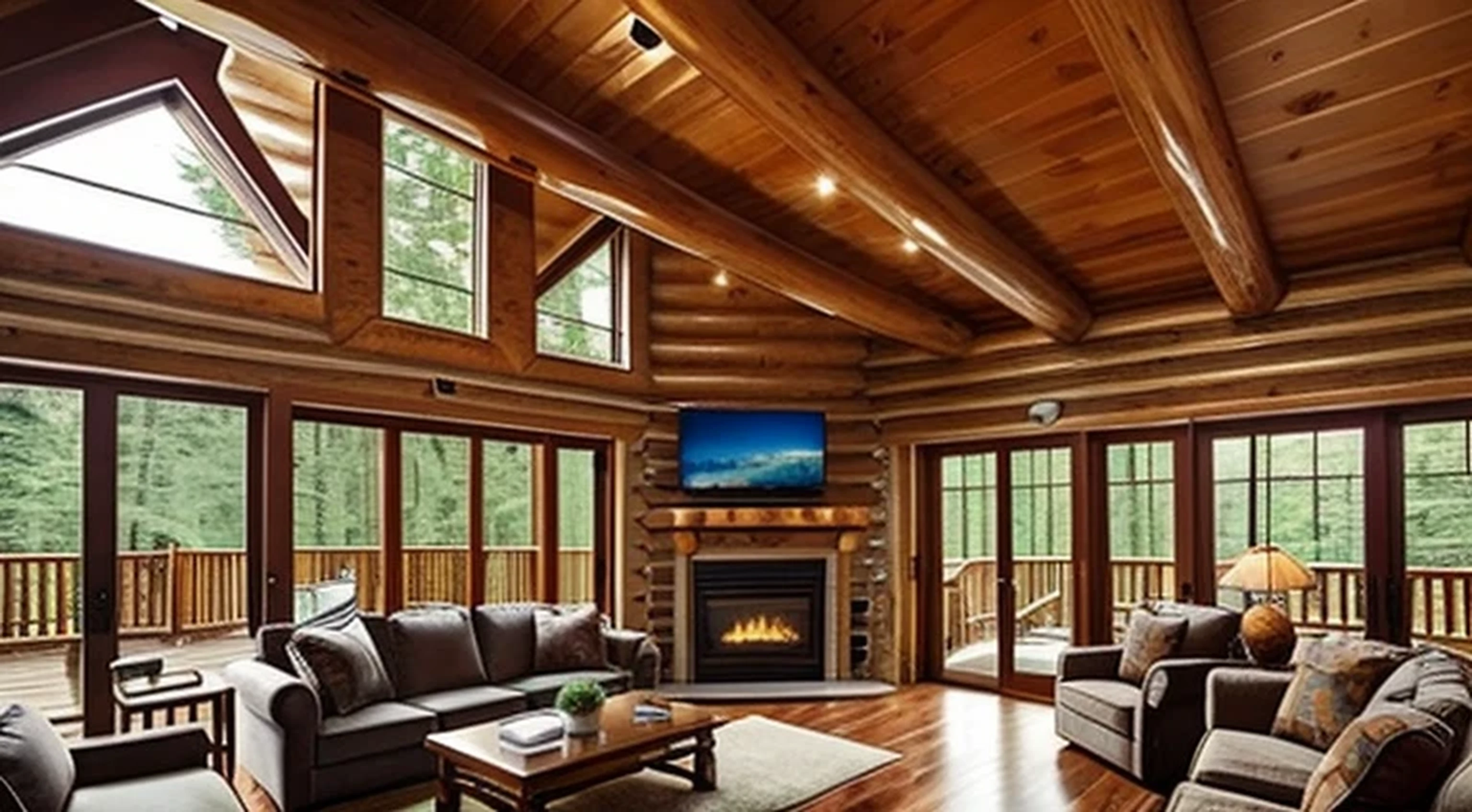 Log house、Sofa Chair 　window　Rainy sky、 Ceiling Indoor Flooring Table 　tv set　fireplace