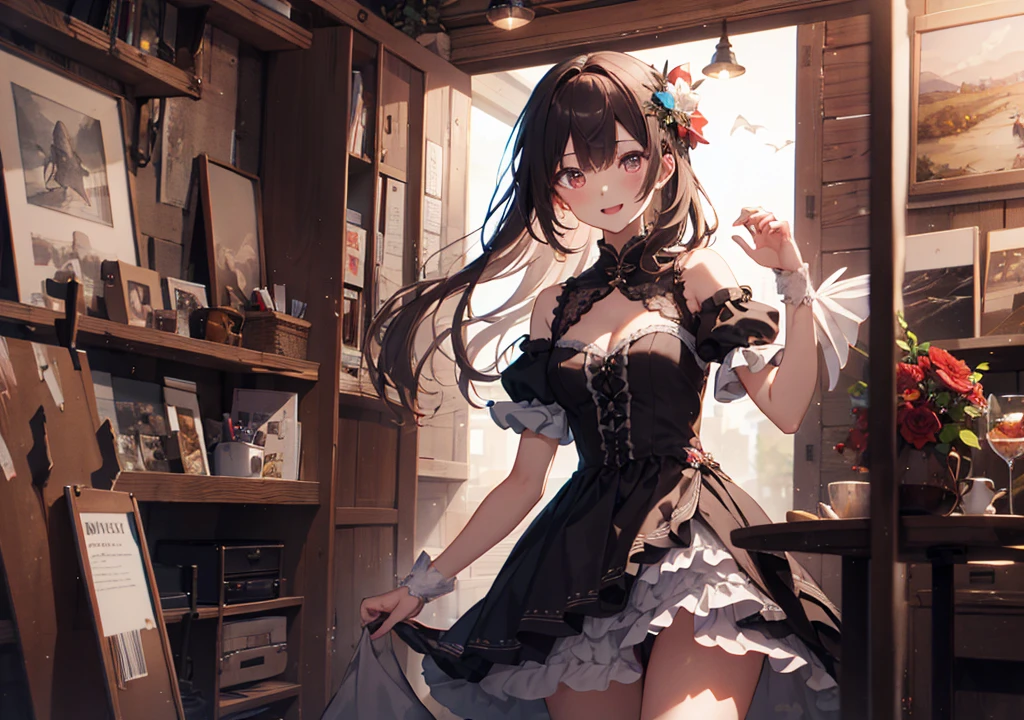 Realistic photos, Focus distance 10mm, Red and white, A big smile, Beautiful girl, Realistic photos, Focus distance 10mmで撮影, masterpiece, 最high quality, high quality, Very detailed CG 8k wallpaper unit, Award-winning photography, Depth of written boundary, High resolution, bloom, chromatic aberration, Realistic, Very detailed, Art Station Trends, CGsociety Trends, Complex, High detail, dramatic, Art on the go, volumetric lighting, A beautiful girl who is the personification of chocolate cake。She has chocolate-colored hair and a decorated dress.