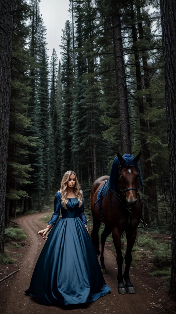 Pine forest with long fir trees, deep night, darkness, moonlight, woman with medium-length blond hair, wearing a blue long satin dress with long sleeves, woman holding a black horse by the bridle, devil's horse, witch, mysticism, mystery, good quality, magnetism, realism style