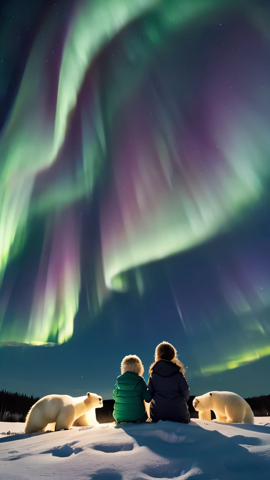 Two little human girls sit side by side, looking up at the sky and watching the Northern Lights.
((Sitting next to a polar bear.))
(From behind)
Beautiful emerald green Northern Lights.
Beautiful stars.
(High quality). (High resolution). (Animated image)