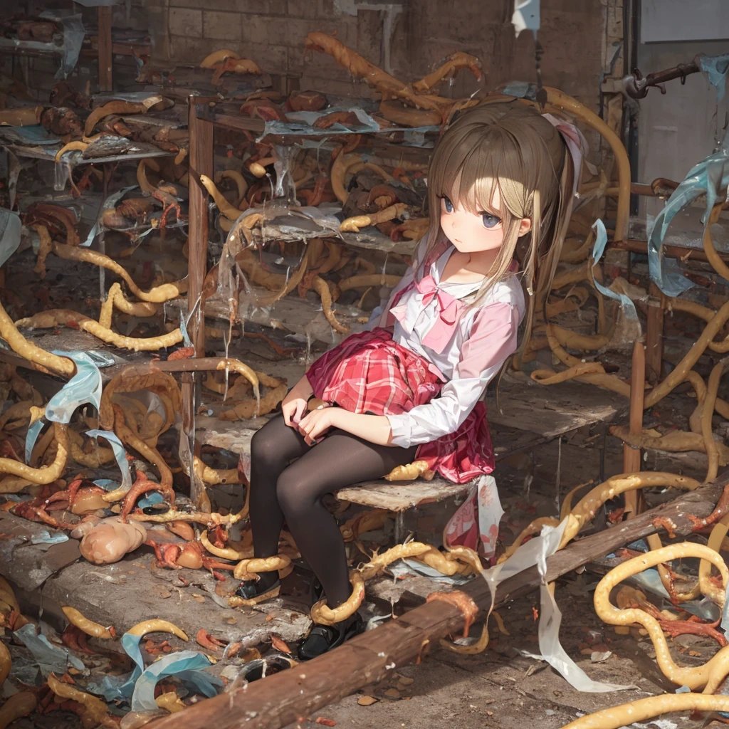 Girl captured by tentacles in abandoned factory　Tentacles in a skirt　Pants fabric texture　