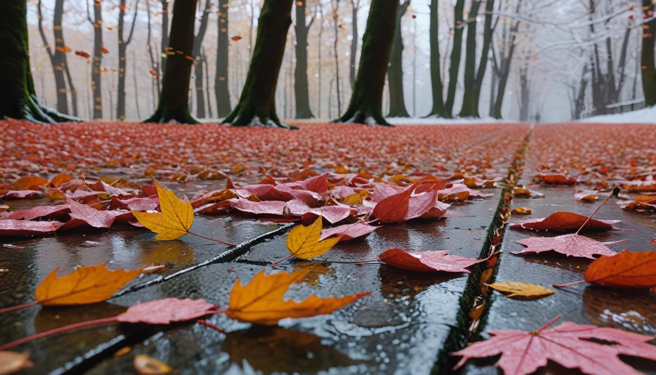 light pink leaves,winter leaves, magical round leaves leaves falling, snow is falling thinly,nature documentry footage, youtube video screenshot, today's featured photography 4k, autumn rain turkel, nature photography 4k, november, cinematic widescreen shot, leaves and magic, high quality screenshot, 2 0 2 1 cinematic 4 k framegrab, wide screenshot