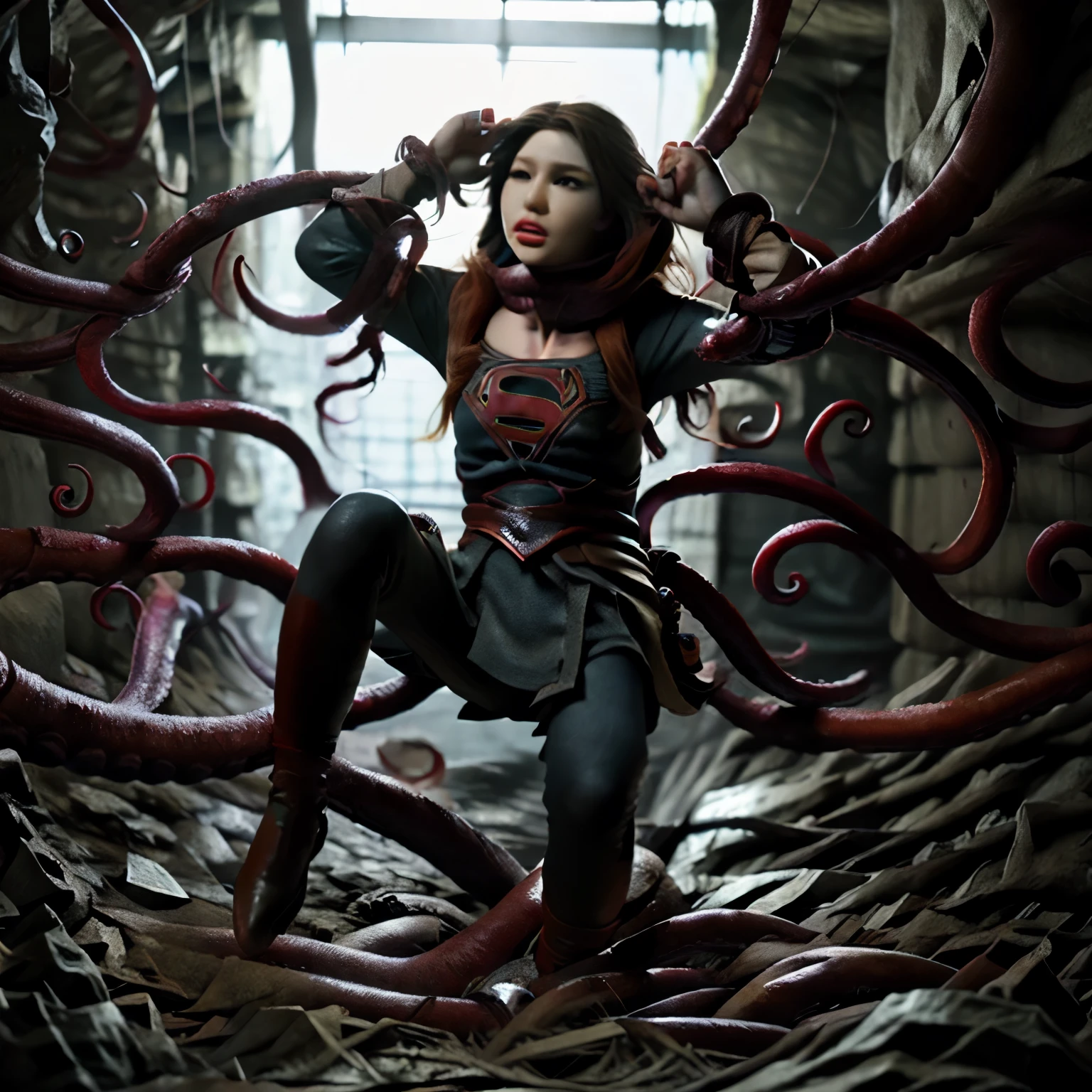 Supergirl、barbie doll collection、Accurate Mattel product、A mass of tentacles ahead、Very thick tentacles wrap around both arms、(Very thick tentacles in front of the crotch)、((Very thick tentacles wrap around the legs))、gang rape、(((Lots of tentacles)))、