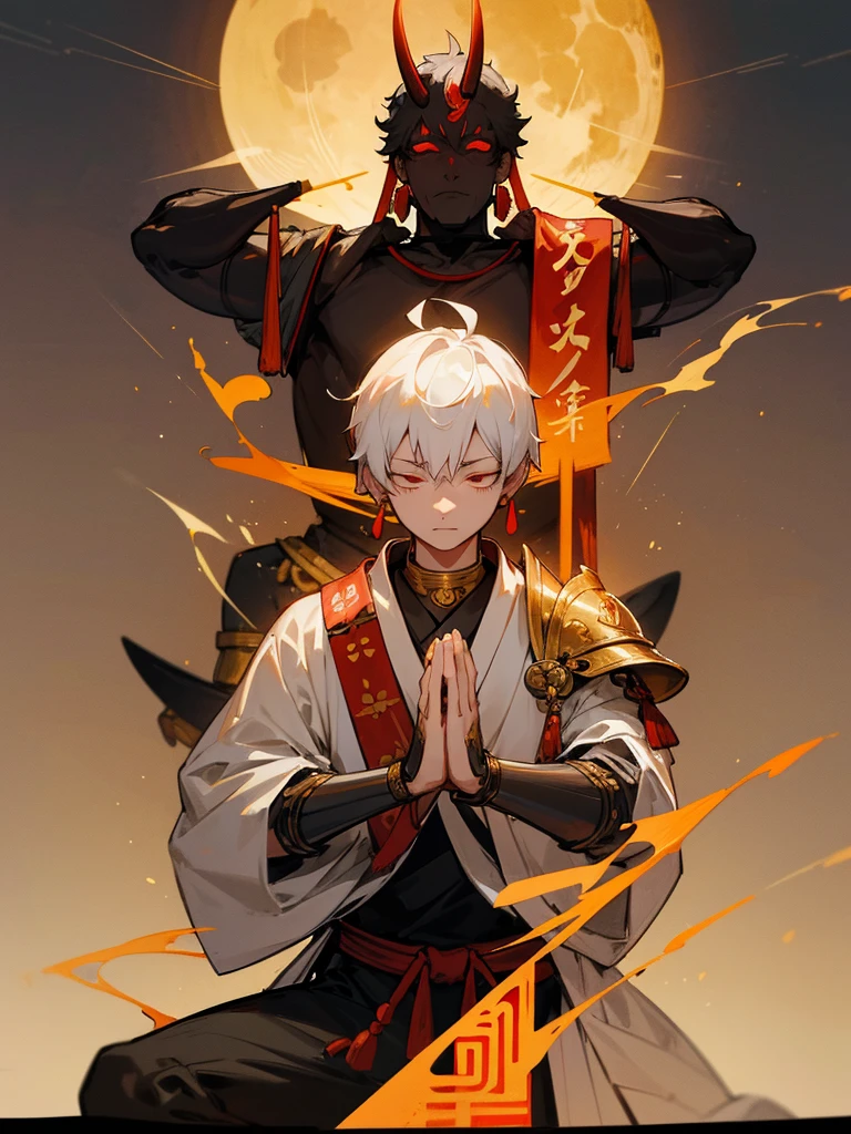 Buddha,Burning Eyes, horn, white short hair, black armor, torii, man, full moon, hands together in prayer, Zen meditation golden lion Chi Japanese sword cyborg 鬼