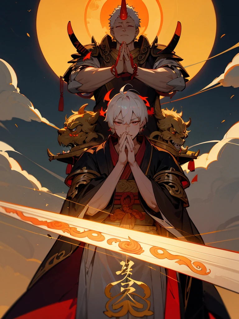 Buddha,Burning Eyes, horn, white short hair, black armor, torii, man, full moon, hands together in prayer, Zen meditation golden lion Chi Japanese sword cyborg 鬼