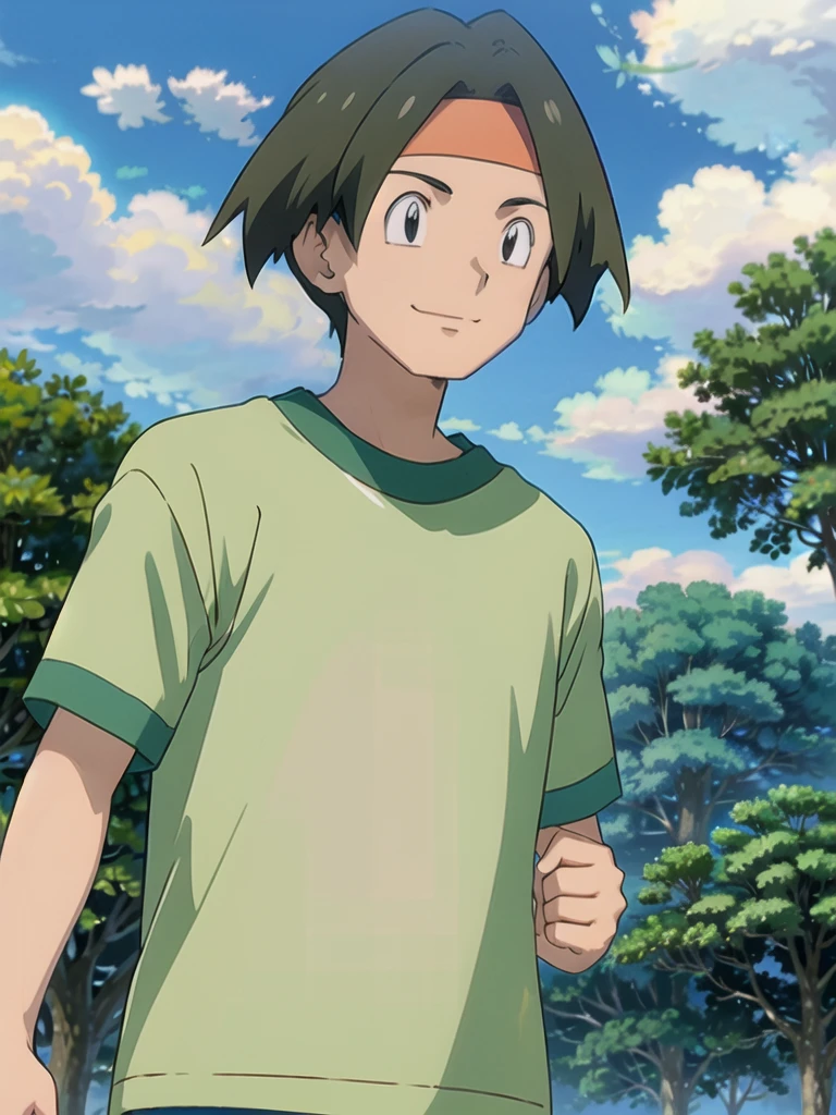Tracey, solo, smile, shirt, 1boy, closed mouth, upper body, male focus, outdoors, sky, cloud, black eyes, green shirt, anime coloring