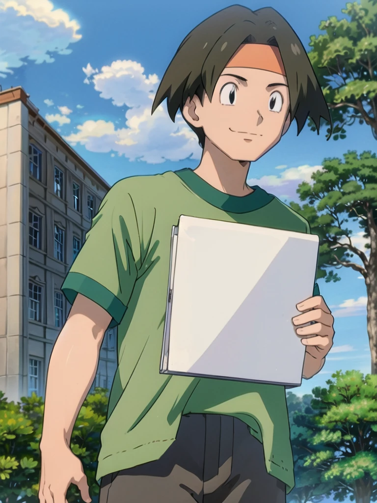Tracey, solo, smile, shirt, 1boy, closed mouth, upper body, male focus, outdoors, sky, cloud, black eyes, green shirt, anime coloring