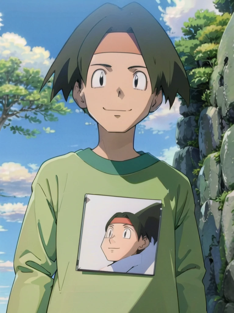 Tracey, solo, smile, shirt, 1boy, closed mouth, upper body, male focus, outdoors, sky, cloud, black eyes, green shirt, anime coloring
