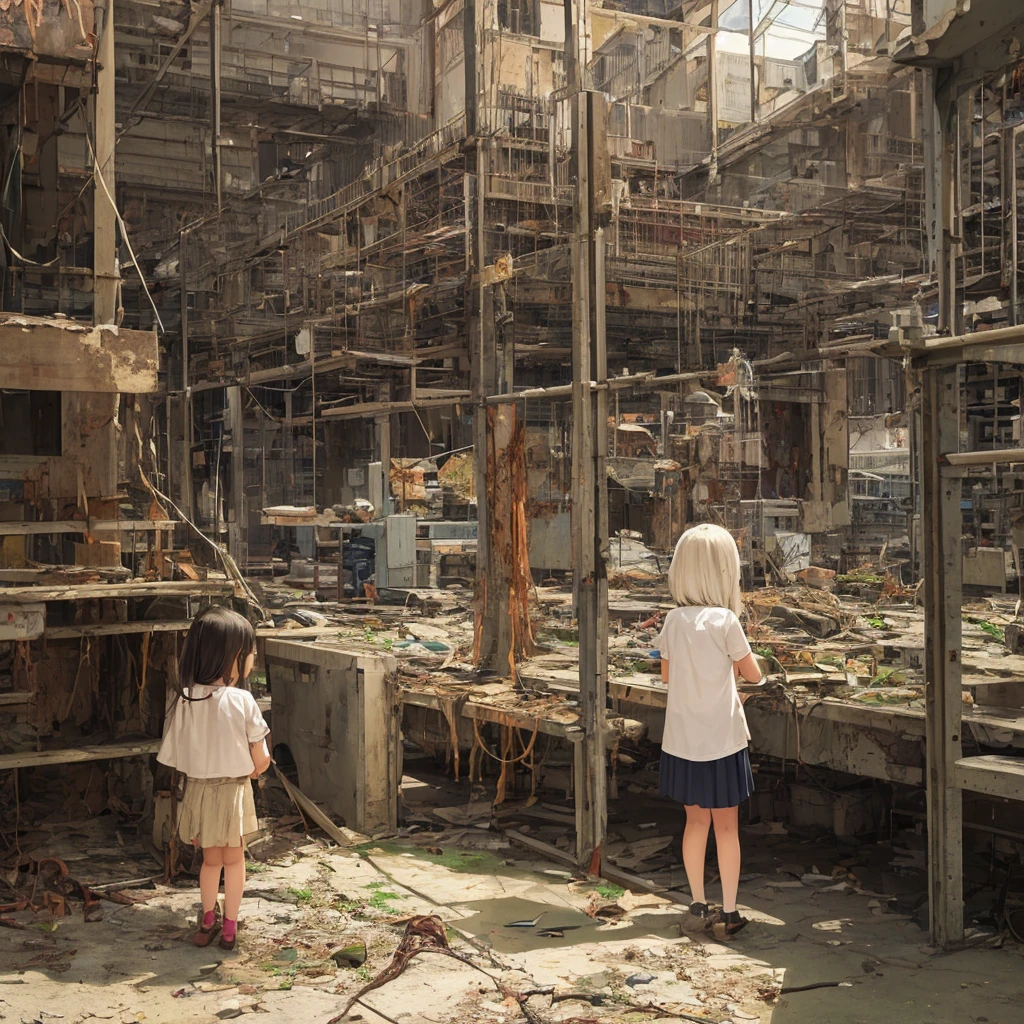 Girl captured by tentacles in abandoned factory　Tentacles in a skirt　Pants fabric texture　