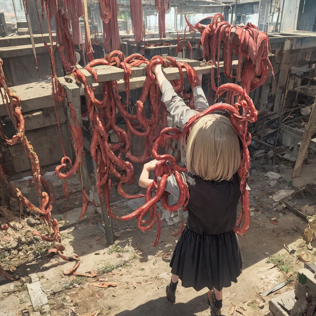 Girl captured by tentacles in abandoned factory　Tentacles in a skirt　Pants fabric texture　